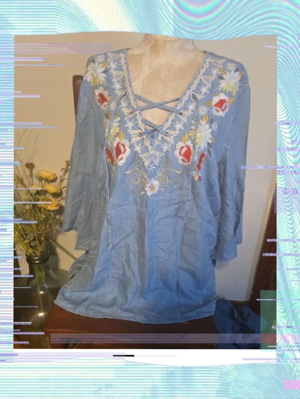 Embroidered Light Blue Top with Lace-Up V-Neck Size Lg